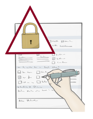 Dieses Bild bildet den Daten-Schutz ab. Eine weiße Hand kreuzt Kästchen von einem Dokument an. Über dem Dokument ist ein Achtung Zeichen. Darin ist ein Schloss ab-gebildet. Das Bild soll sagen: Wir achten ihre Privatsphäre. Wir schützen Ihre Daten.