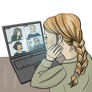 Eine weiße Person sitzt vor einem Laptop. Die Person trifft sich online. 4 Personen sind auf dem Laptop-Bildschirm zu erkennen. Alle sind in einem kleinen Viereck ab-gebildet. Zusammen machen sie ein Treffen online.