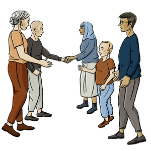 Auf diesem Bild sehen Sie 5 Personen. Sie geben einander lächelnd die Hände. Sie vernetzen sich und tauschen sich aus. Die Personen sind unterschiedlich groß, haben verschiedene Haar-Längen, verschiedene Haut-Farben und tragen unterschiedliche Kleidung.