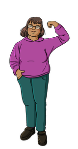 Eine Frauen-Beauftragte steht selbst-sicher da. Sie trägt einen lila Pulli. Sie hält den Arm kraft-voll nach oben. Sie ist stark.