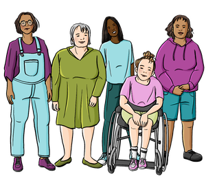 5 Frauen sind neben-einander. 4 Frauen stehen. 1 Frau sitzt in einem Rollstuhl. Alle Frauen sehen unterschiedlich aus. Sie haben verschiedene Haut-Farben. Sie tragen unterschiedliche Kleidung. Sie sind unterschiedlich alt.