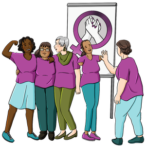 5 Frauen stehen selbst-bewusst da. Alle tragen ein lila Ober-Teil. Alle sind Mitglied bei Starke.Frauen.Machen. Hinter den Frauen sieht man das Logo von dem Verein.