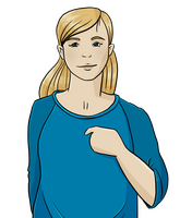 Es ist eine weiße Frau im blauen Pulli zu sehen. Sie zeigt mit der linken Hand auf sich selbst. Sie ist eine Frauen-Beauftragte. Sie ist aktives Mitglied bei Starke.Frauen.Machen. e.V.