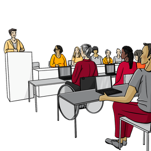 Es ist eine Frauen-Vollversammlung. Eine Person hält hinter einem Podest eine Rede. Rechts davon ist ein Tisch. An dem Tisch sitzen 5 sitzen