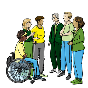 Auf dem Bild sind 6 Personen ab-gebildet. Die Personen unterhalten sich zusammen über Politik. Alle sehen sehr interessiert und freundlich aus. 5 Personen stehen. Eine Person sitzt in einem Rollstuhl. Alle Personen sehen unterschiedlich aus.