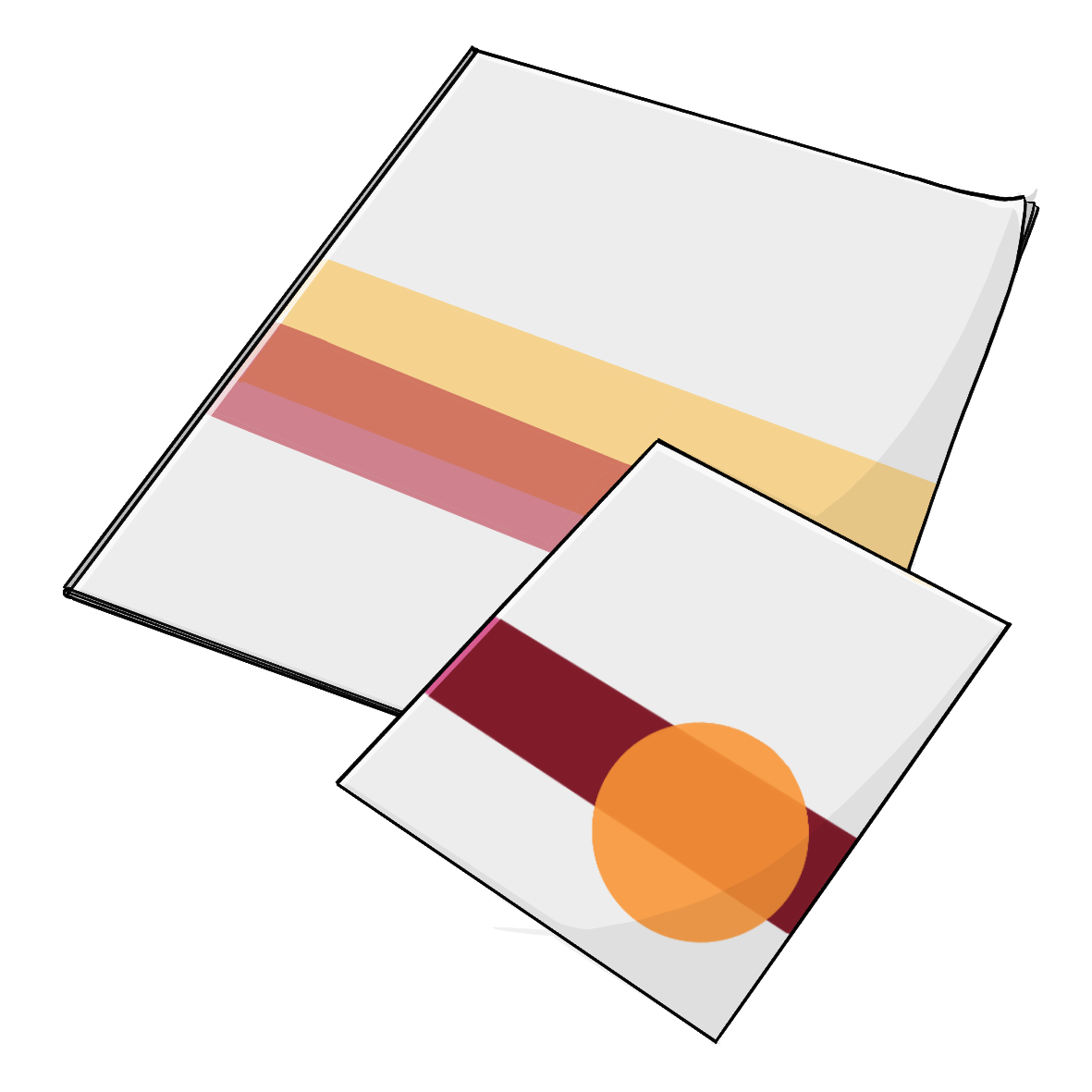 Es sind zwei Infohefte abgebildet. Ein kleineres Infoheft liegt auf dem größeren Infoheft. Das große Heft ist weiß mit bunten Streifen. Das kleine Heft ist weiß mit einem roten Streifen und einem orangenen Kreis.