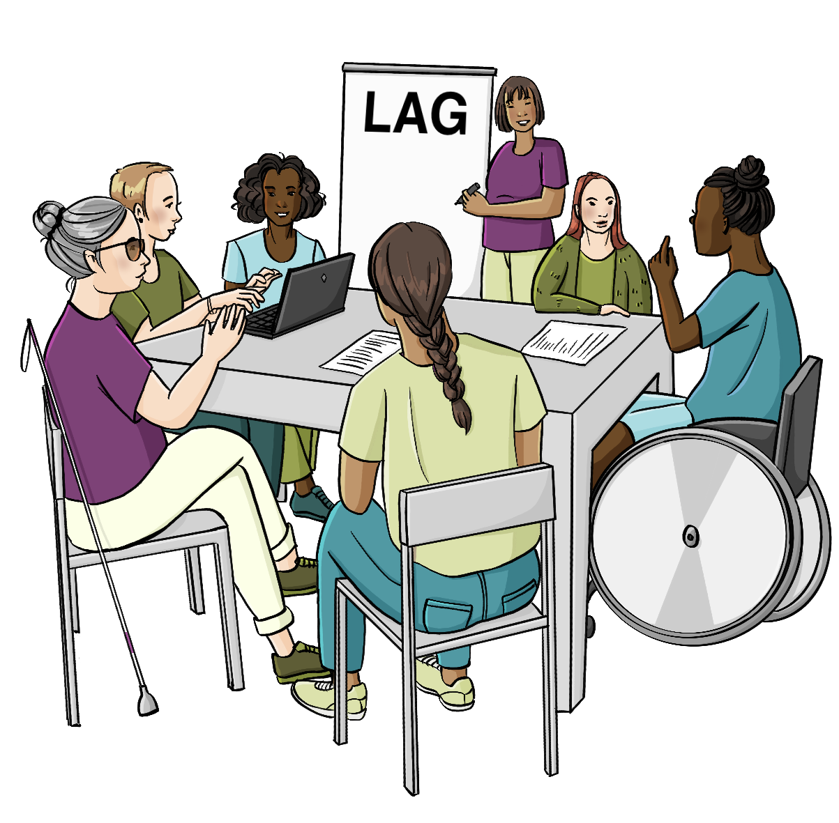 Die Landes-Arbeits-Gemeinschaft der Frauen-Beauftragten trifft sich. 7 Frauen tauschen sich aus. 6 Frauen sitzen an einem Tisch. Eine Frau steht vor einer Tafel. Auf der Tafel steht LAG.