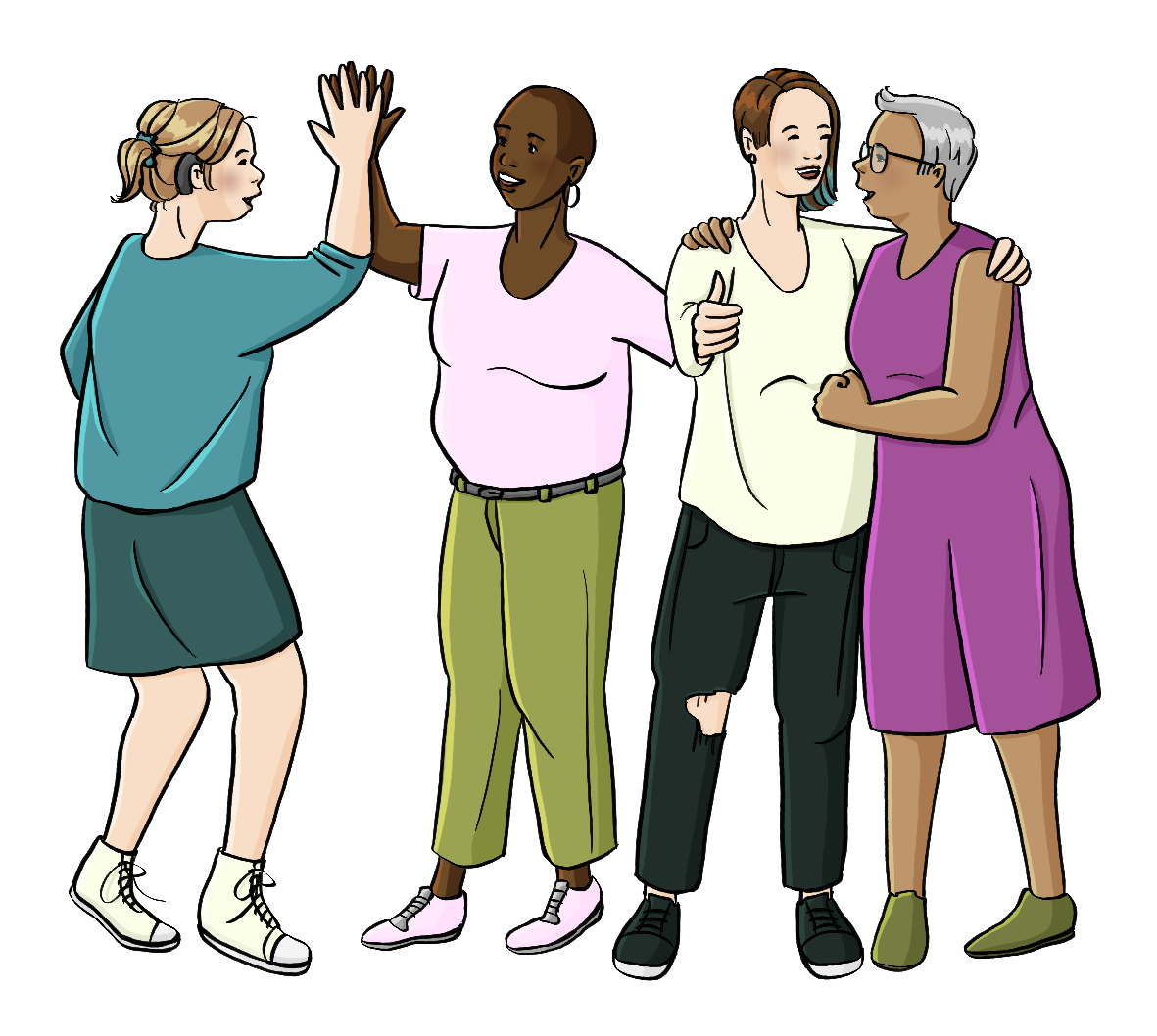 4 unterschiedliche Frauen stehen zusammen. 2 Frauen klatschen sich ab. 2 andere Frauen halten sich im Arm. Alle Frauen sehen verschieden aus.