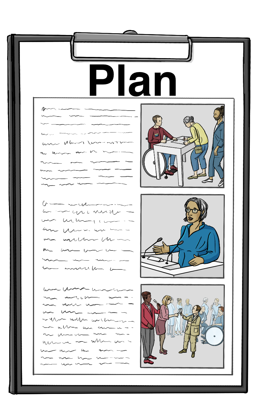 Auf einem Klemm-Brett ist ein Papier geklemmt. Auf dem Papier steht ganz groß Plan. Es ist ein Ablauf-Plan für eine Veranstaltung. Es gibt Text und Bilder auf dem Plan. Die Bilder zeigen eine Anmeldung, eine Rede und ein Sekt-Empfang.