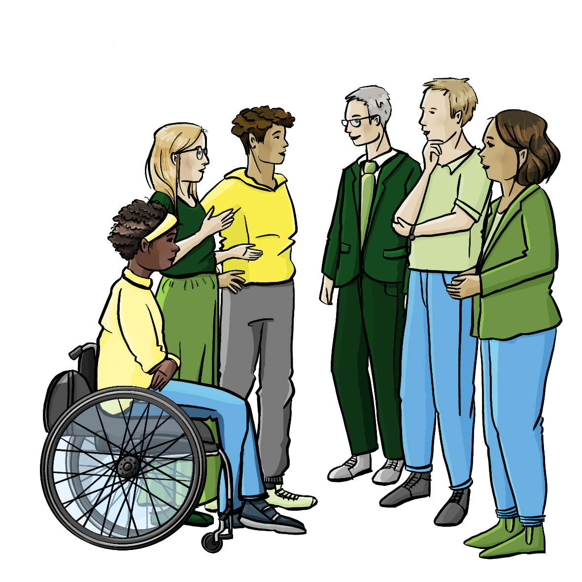 Auf dem Bild sind 6 Personen abgebildet. Die Personen unterhalten sich zusammen über Politik. Alle sehen sehr interessiert und freundlich aus. 5 Personen stehen und eine Person sitzt in einem Rollstuhl. Alle Personen sehen unterschiedlich aus.
