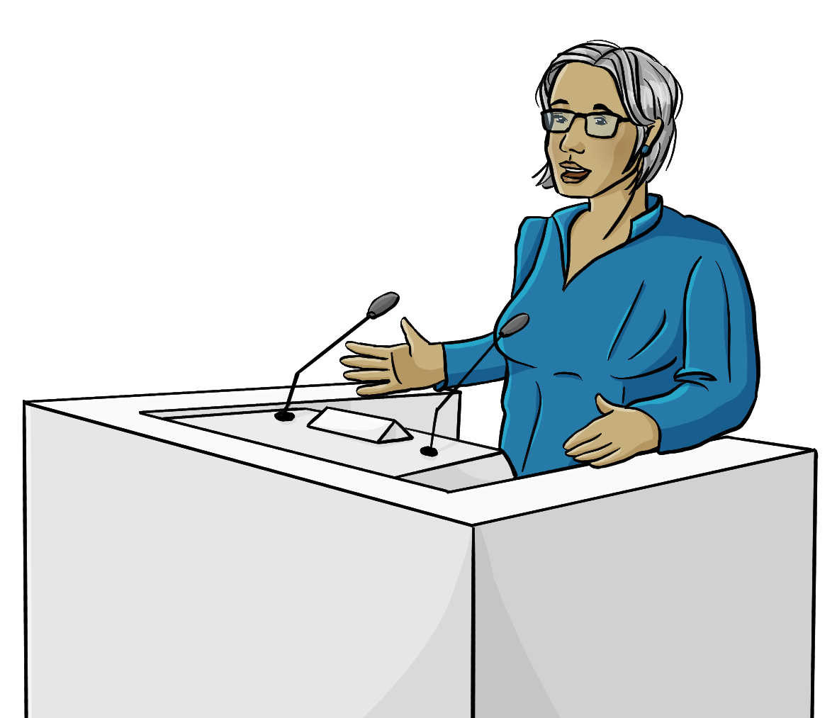 Eine Person mit weißem Haar und blauer Bluse steht hinter einem weißen Podest. Auf dem Podest sind Mikrofone. Die Person erzählt etwas. Die Person hat eine dunkle Hautfarbe und trägt eine Brille.