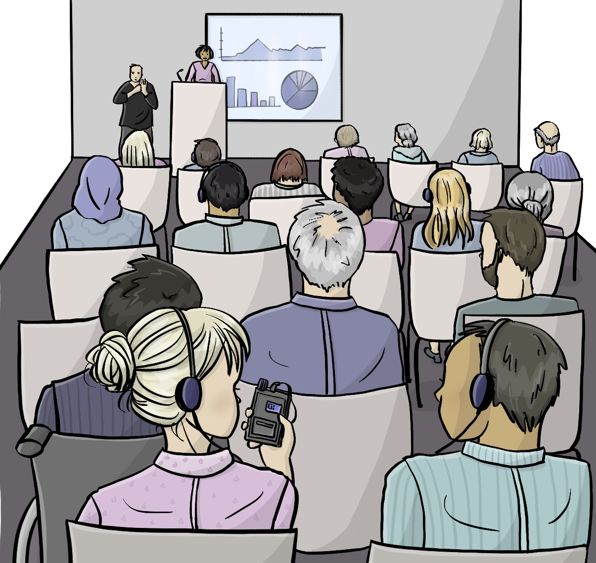 Es wird eine Veranstaltung gezeigt. Ganz vorne steht eine Rednerin. Daneben übersetzt eine Person in Gebärden-Sprache. Vor ihnen ist das Publikum. Manche benutzen Kopf-Hörer für die Übersetzung. Zum Beispiel für die Übersetzung in einfache Sprache.